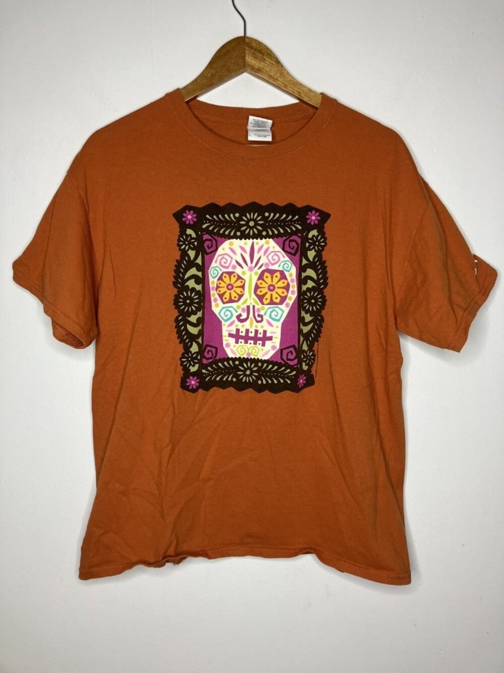 Skull Day of the Dead Seattle Men's Large Orange T-Shirt 100% Cotton